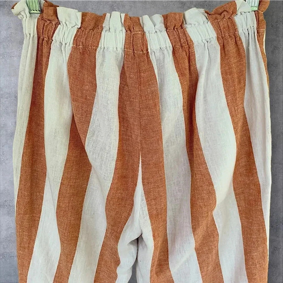 BeachLunchLounge Linen Blend Lagenlook Paperbag Pants Size S Brown White Stripes - Picture 8 of 13
